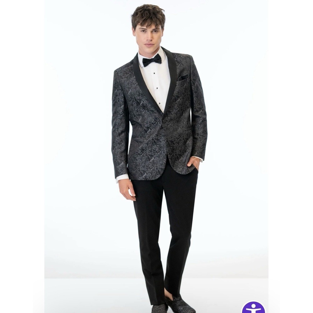 JFW MOD Paisley Slim Fit Tuxedo Coat Shawl Lapel Mens 38L Gray Wedding Prom